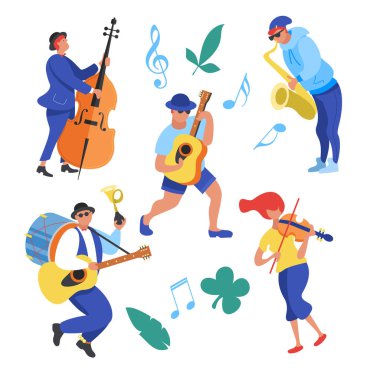 Sokak performansı. Sokak müzisyeni. Sokak müzisyenleri karakter kümesi. Adam Grup, bir kız oynamaktan keman, bir adam müzisyen, gitarist, bas çift oynayan bir adam. Vektör çizim.