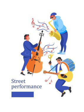 Sokak performansı. Sokak müzisyeni. Adam grup gitar, davul ve trompet çalar. Kontrbas oynayan adam. Bir saksofoncu Saksafon çalıyor. Vektör çizim.