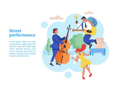Sokak performansı. Sokak müzisyeni. Adam grup gitar, davul ve trompet çalar. Kontrbas oynayan adam. Dans kız. Vektör çizim.