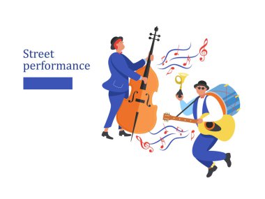 Sokak performansı. Sokak müzisyeni. Sokak müzisyenleri karakter kümesi. Adam Grup, kontrbas oynayan adam. Vektör çizim.