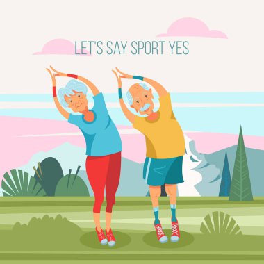 Yaşlı bir kadın ve yaşlı bir adam yoga ve temiz havada fitness yapıyor. Onlar sağlıklı ve aktif bir yaşam sürmek. Vektör çizim karikatür tarzı.