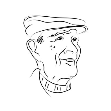 Bir kap içinde yaşlı bir adam portresi. Elle çizilmiş. Kroki. Siyah-beyaz grafik.