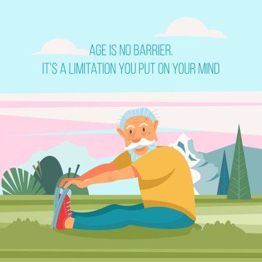 Yaşlı bir adam fitness ve yoga temiz havada meşgul. O sağlıklı ve aktif bir yaşam tarzı olur. Vektör çizim karikatür tarzı.
