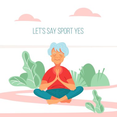 Açık havada yoga yaparken bir yaşlı kadın. O sağlıklı ve aktif bir yaşam tarzı olur. Vektör çizim karikatür tarzı