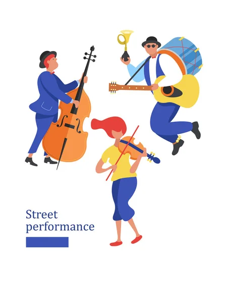 Straßenmusiker Männerband Ein Mädchen Spielt Geige Ein Mann Kontrabass Straßenperformance — Stockvektor