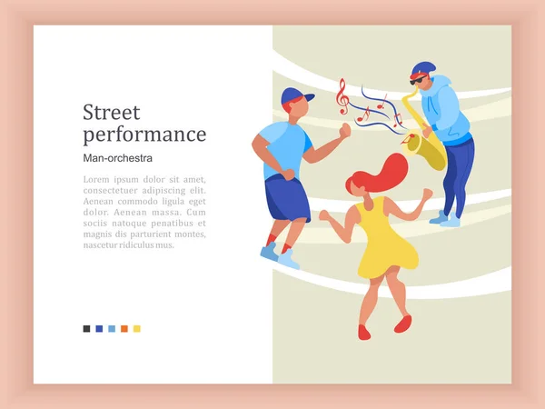 Уличное Представление Уличный Музыкант Саксофонист Мужчина Женщина Танцуют Векторная Иллюстрация — стоковый вектор
