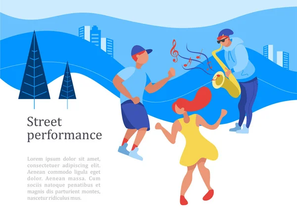 Street performance. Street musician. The guy plays the saxophone. Man and woman dancing. Vector illustration.