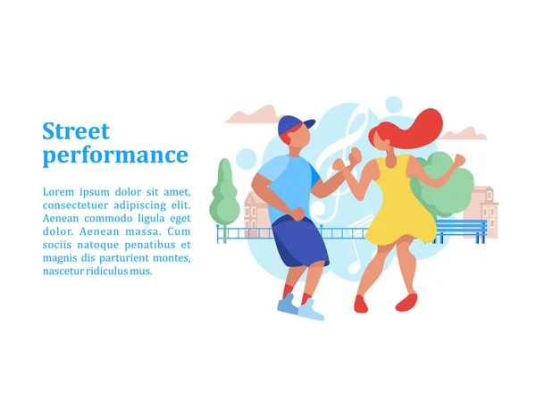 Street performance. Street dancer. Guy and girl dancing on the background of the city landscape. Vector illustration.