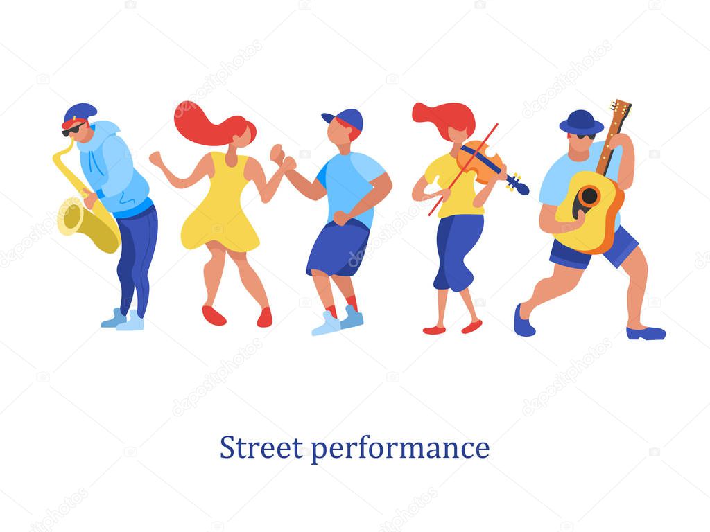 Street musician. Saxophonist, violinist, guitarist. Man and woman dancing. Street performance. Vector illustration in flat style.