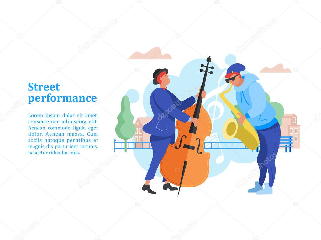Street performance. Street musician. The guy plays the saxophone. A man playing the contrabass. Vector illustration.