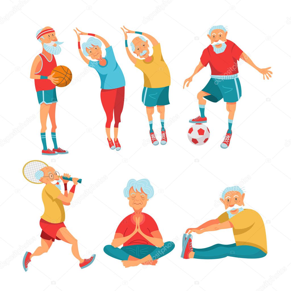 Set of elderly athletes. Older people lead a healthy and active lifestyle. Older men and women do yoga, play tennis, play basketball and football.  Vector illustration in cartoon style.