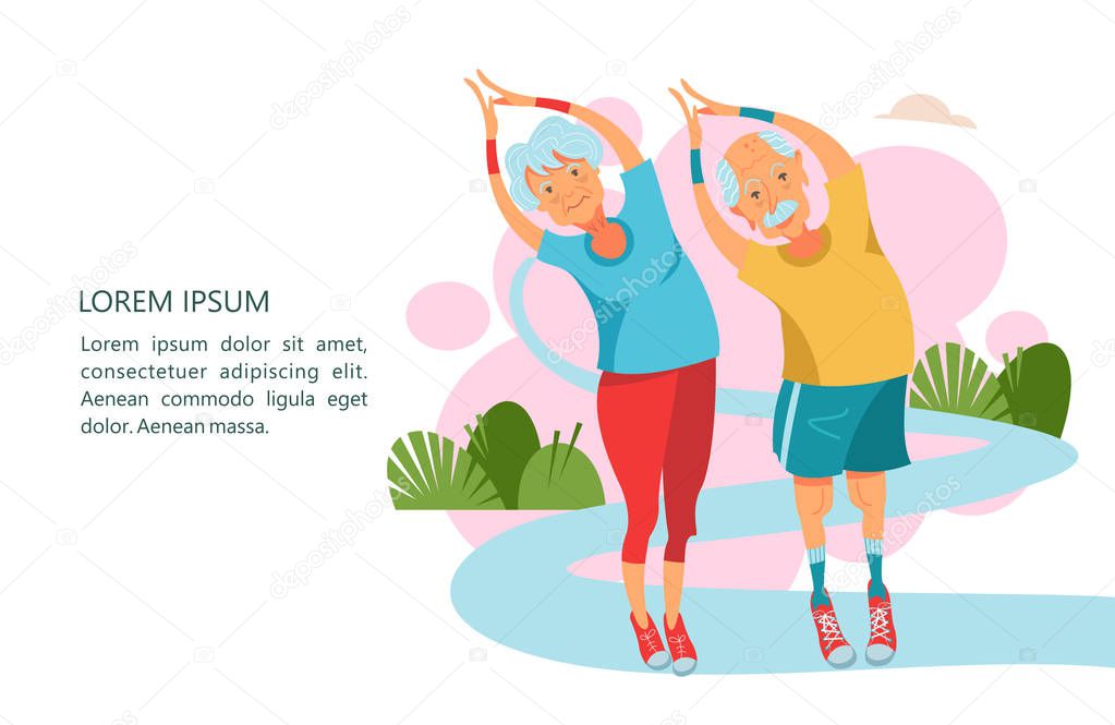 An elderly woman and an elderly man doing yoga and fitness in the fresh air. They lead a healthy and active lifestyle. Vector illustration in cartoon style.