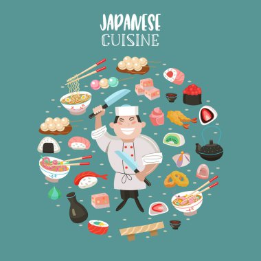 Japon mutfağı. Japon tatlılar ve tatlılar, tempura, Suşi, rulo, onigiri. Çorbalar, erişte, sake. Büyük bir pişirme bıçak ile Japon Şef. Vektör çizim karikatür tarzı bir daire içinde odaklı.