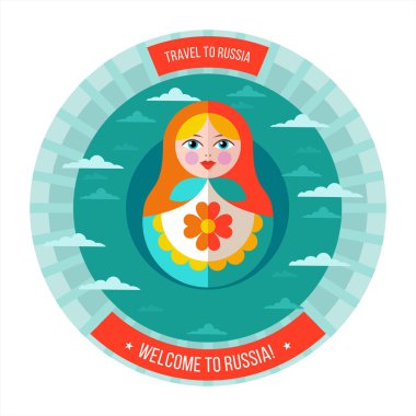 Ulusal geleneksel Rus Bebek matryoshka. Vektör çizim. Rusya'ya seyahat. Rusya hoş geldiniz. Beyaz arka plan üzerinde izole vektör logosu.
