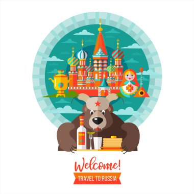 Ulusal geleneksel Rus Bebek matryoshka. Vektör çizim. St Basils Katedrali, Kremlin. Semaver ve balalayka. Rusya'ya seyahat. Rus ayısına votka tepsisi taşıyabilir ve havyar ile krep. Rusya hoş geldiniz. WHI üzerinde izole vektör logosu