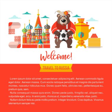 Rusya'ya Dünya Kupası için seyahat. Vektör çizim metin için yer ile. Rus ayısına topu tutuyor. Rus semaver, Kremlin, St. Basils Katedrali.