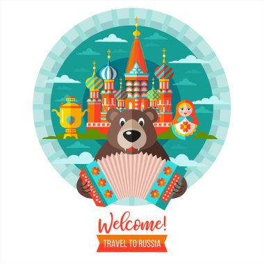 Rusya'ya seyahat. Vektör çizim metin için yer ile. Akordeon, Rus semaver, Kremlin, ile Rus ayısına St Basils Katedrali, Russian doll matryoshka. Rusya Federasyonu na hoş geldiniz.
