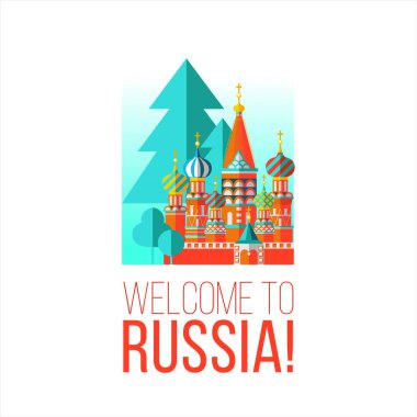 Rusya'ya seyahat. Vektör çizim, amblem. Kremlin, St. Basils Katedrali. Rusya Federasyonu na hoş geldiniz. 
