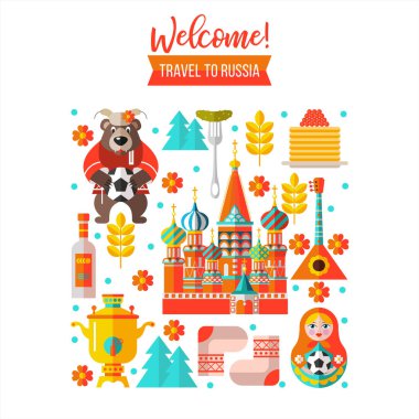 Rusya hoş geldiniz. Vektör çizim. Rus ayısına futbol topu tutan kırmızı gömlekli. Aziz Basil Katedrali, Kremlin, semaver, Rusça krep havyar, balalayka, Russian doll matryoshka, akordeon, votka. Rus Hediyelik eşya.