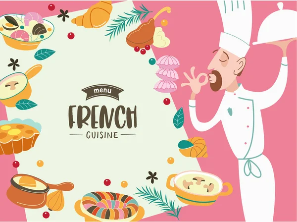 Fransız Mutfağı Aşçı Bir Dizi Vektör Yemeği — Stok Vektör