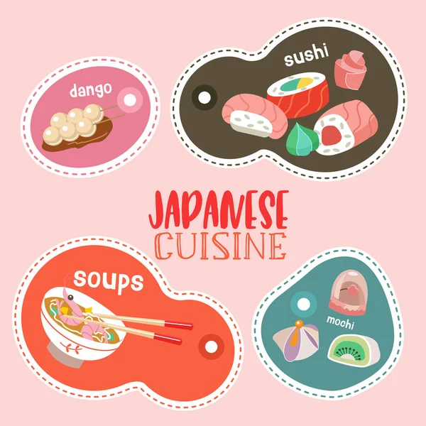 Cocina Japonesa Postres Japoneses Dulces Tempura Sushi Sopa Mariscos Ilustración — Vector de stock