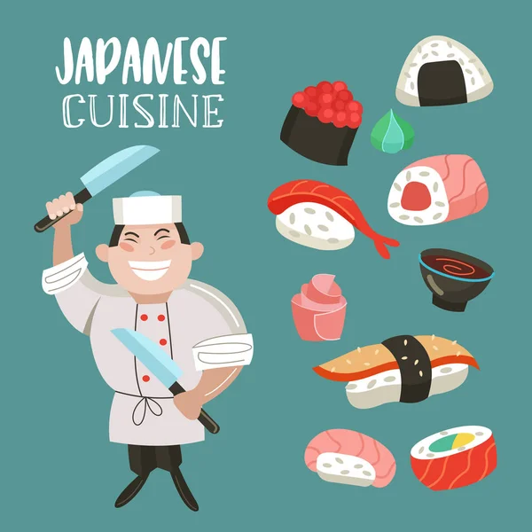 Cocina Japonesa Sushi Japonés Chef Japonés Con Cuchillo Cocina Grande — Vector de stock