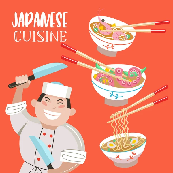 Cocina Japonesa Sopas Japonesas Fideos Mariscos Camarones Pulpo Chef Japonés — Vector de stock