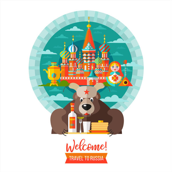 National traditional Russian doll matryoshka. Vector illustration. St. Basils Cathedral, the Kremlin. Samovar and balalaika. travel to Russia. Russian bear holds a tray of vodka and pancakes with caviar. Welcome to Russia. Vector logo isolated on whi