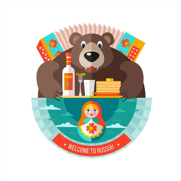 Bem Vindo Rússia Emblema Urso Russo Mantém Uma Bandeja Vodka — Vetor de Stock