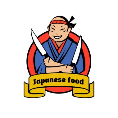 İki bıçaklı bir kimono giymiş Japon aşçı. Japon restoranının vektör logosu.