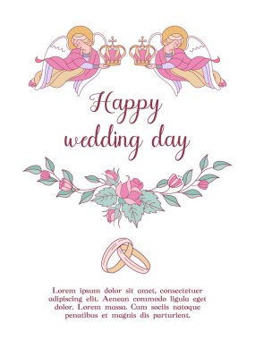 Mutlu düğün. Düğün kartı. Düğün davetiyesi. İki melek düğün kron tutuyor. Kilise Hıristiyan düğün geleneği. Gül ve yaprakları oluşan çelenk. Sevimli vektör çizim.