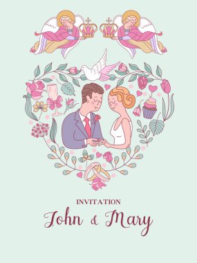 Mutlu düğün. Düğün kartı. Düğün davetiyesi. Gelin ve damat bir kalp şeklinde gül tarafından çerçeveli. İki melek düğün kron gelin ve damat başlarının üzerinden tutun. Sevimli vektör çizim.