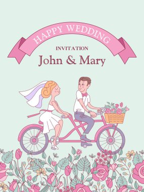 Mutlu düğün. Düğün kartı. Düğün davetiyesi. Neşeli gelin ve damat bir bisiklete binmek. Glade gül ve otlar. Sevimli vektör çizim.