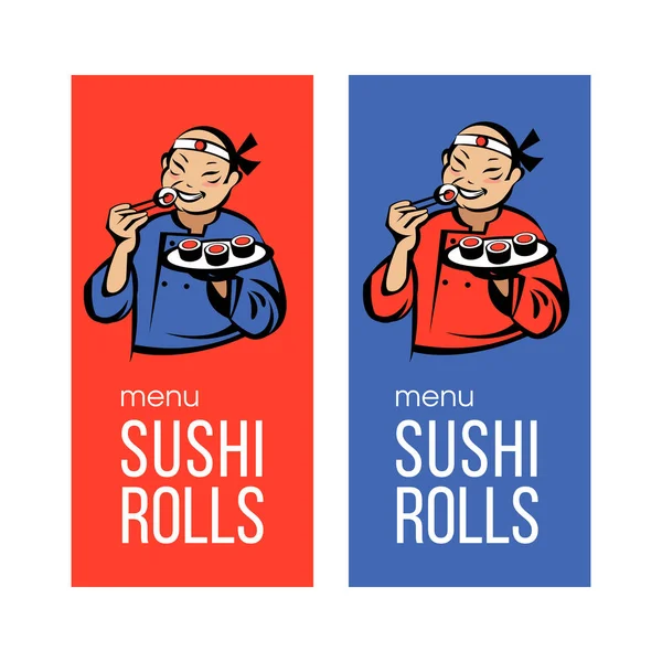 Japończycy Kimono Jedzą Sushi Bułki Logo Wektorowe Japońskiej Restauracji Restauracja — Wektor stockowy