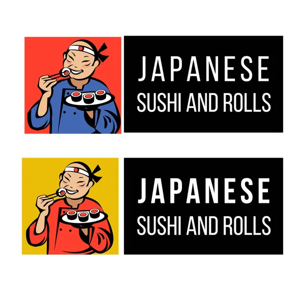 Orang Jepang Dengan Kimono Makan Sushi Dan Gulung Logo Vektor - Stok Vektor