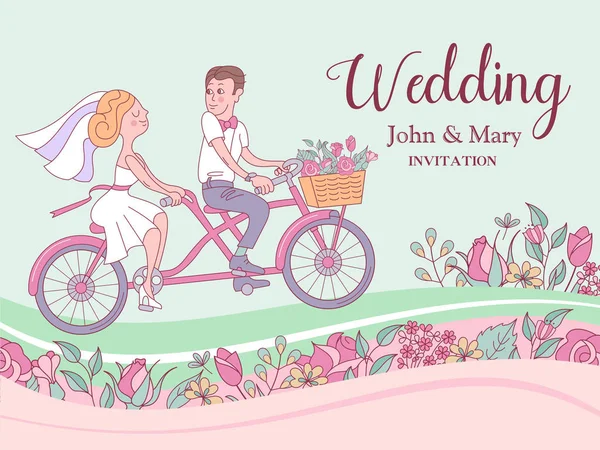 Matrimoni Felici Biglietto Nuziale Invito Matrimonio Allegri Sposi Bicicletta Glade — Vettoriale Stock