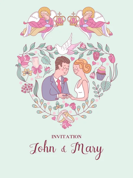 Mutlu düğün. Düğün kartı. Düğün davetiyesi. Gelin ve damat bir kalp şeklinde gül tarafından çerçeveli. İki melek düğün kron gelin ve damat başlarının üzerinden tutun. Sevimli vektör çizim.