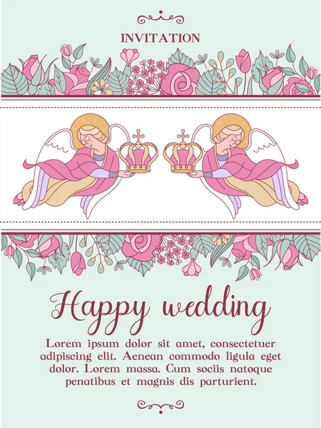 Joyeux Mariage Carte Mariage Une Invitation Mariage Deux Anges Tiennent — Image vectorielle