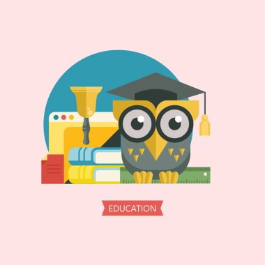 Okula hoş geldiniz. Bilge baykuş akademik bir kap içinde bir cetvel içinde onun paws tutar. Sonraki kitap yığını. Vektör amblem, logo.