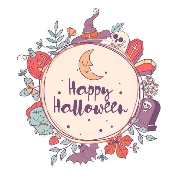 Happy Halloween Vector Illustration Invitation Party Wreath Autumn Leaves Gravestones — Stock Vector