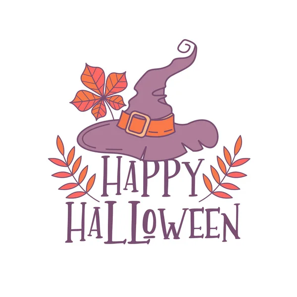 Vrolijke Halloween Vectorillustratie Uitnodiging Aan Partij Heks Hoed Herfstblad — Stockvector
