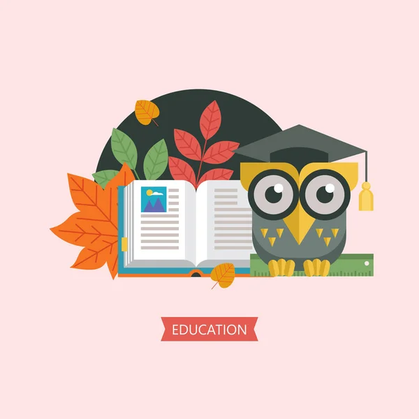 欢迎回到学校 一只聪明的猫头鹰在学术帽里握着一把尺子 在翻开的书和秋天的叶子旁边 矢量标志 — 图库矢量图片