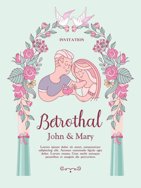 The invitation to the engagement party. Charming vector illustration. Loving couple. They show how much they love each other. Beautiful flower wreath of roses. White dove. Romantic card.
