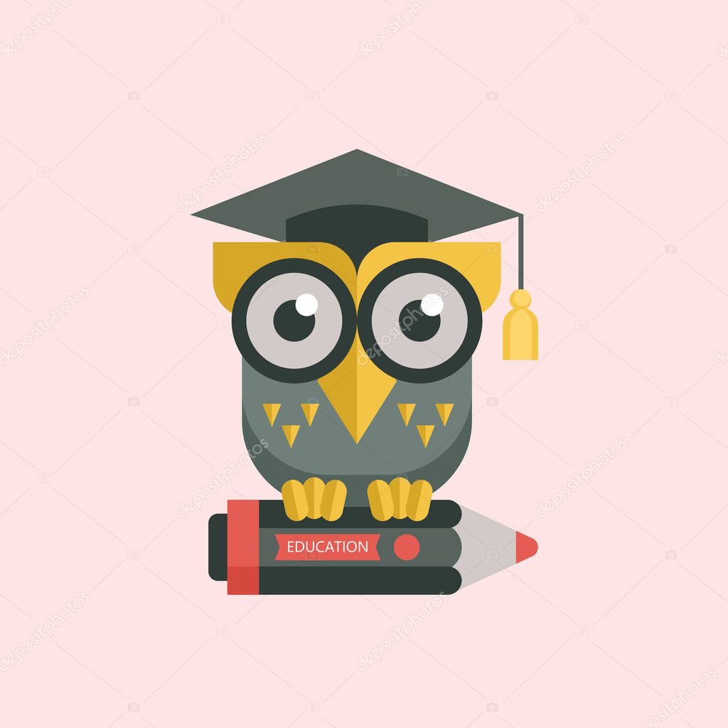 Welcome back to school. A wise owl in an academic cap holds a pencil in its paws. Vector emblem, logo.
