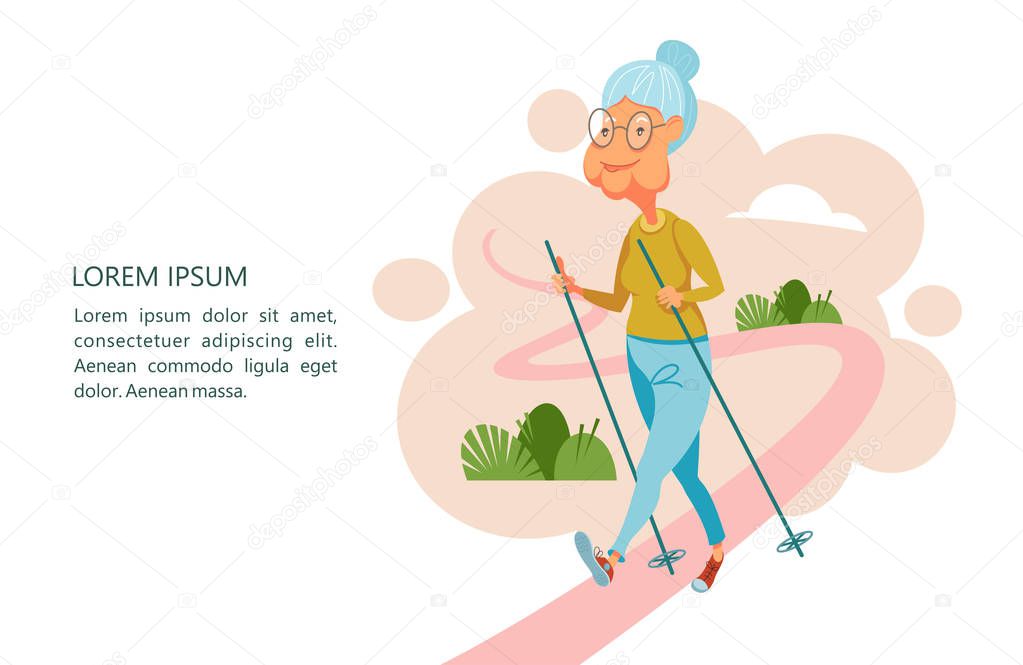 Older people lead an active lifestyle. Old people play sports. An elderly man engaged in Nordic walking. Grandma is on the path with sticks. Vector illustration.