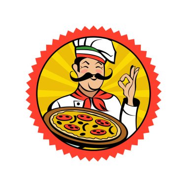İtalyan şef bıyıklı, elinde lezzetli bir pizza tutuyor. İtalyan pizzası, geleneksel ulusal yemek. Vektör amblemi.