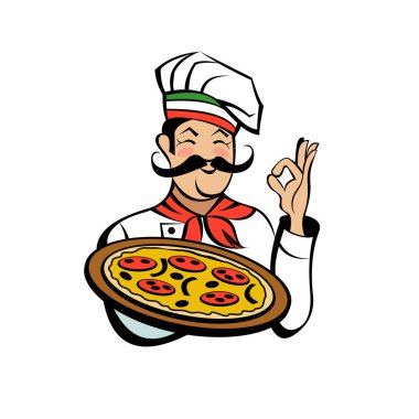 İtalyan şef bıyıklı, elinde lezzetli bir pizza tutuyor. İtalyan pizzası, geleneksel ulusal yemek. Vektör amblemi.