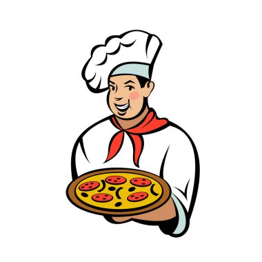 Lezzetli pizza tutan İtalyan Şef. Pizzacı vektör logosu.