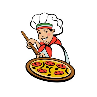 Tatlı İtalyan Şef lezzetli pizza pişirme devreye girer. Pizzacı vektör logosu. Kartvizit düzeni.