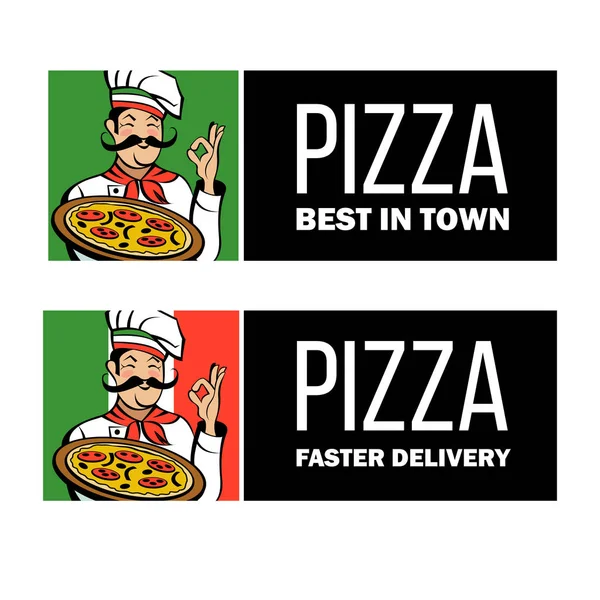 Italský Kuchař Knírkem Lahodnou Pizzou Italská Pizza Tradiční Národní Jídlo — Stockový vektor